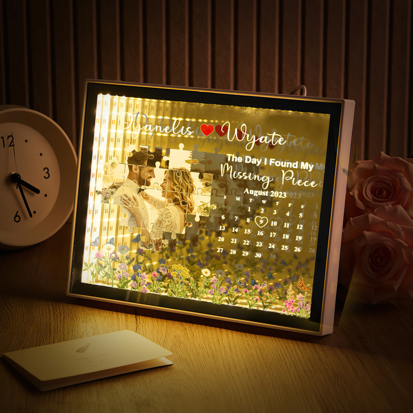 The Day I Found My Missing Piece Light Customize Photo and Calendar Custom Name Personalized Gift For Couple - soufeeluk