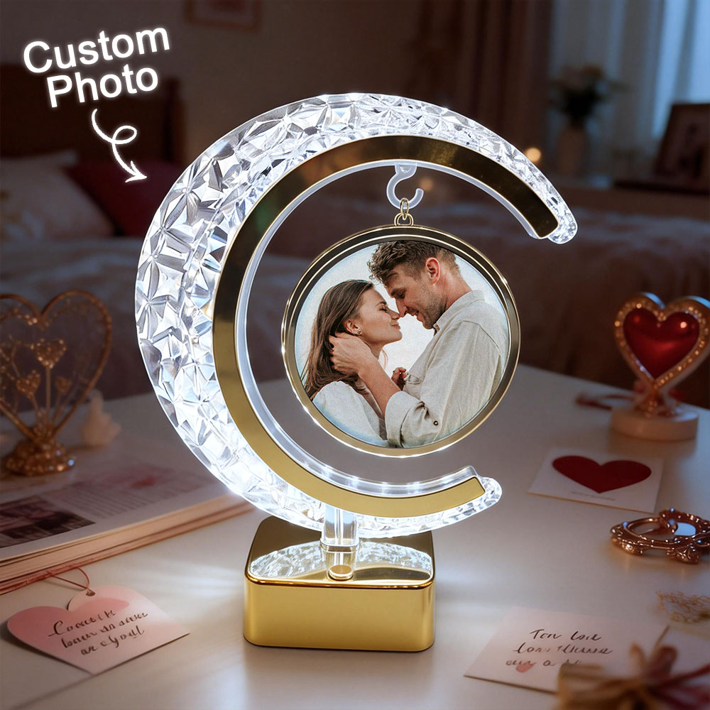 Custom Photo Moon Frame Night Light, LED Bedroom Decor with Personalized Hanging Picture Pendant, Anniversary Gift, Valentine Gift - soufeeluk