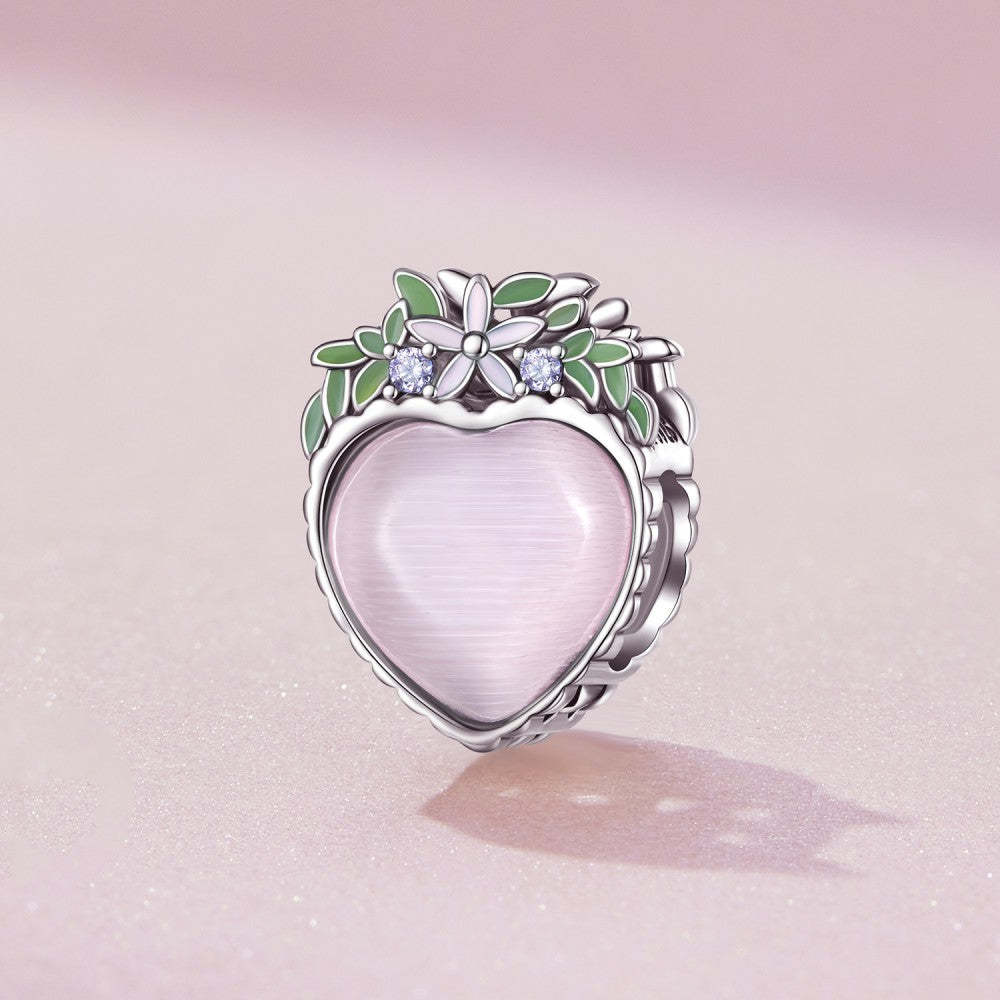 pink heart green leaf charm 925 sterling silver xs2129
