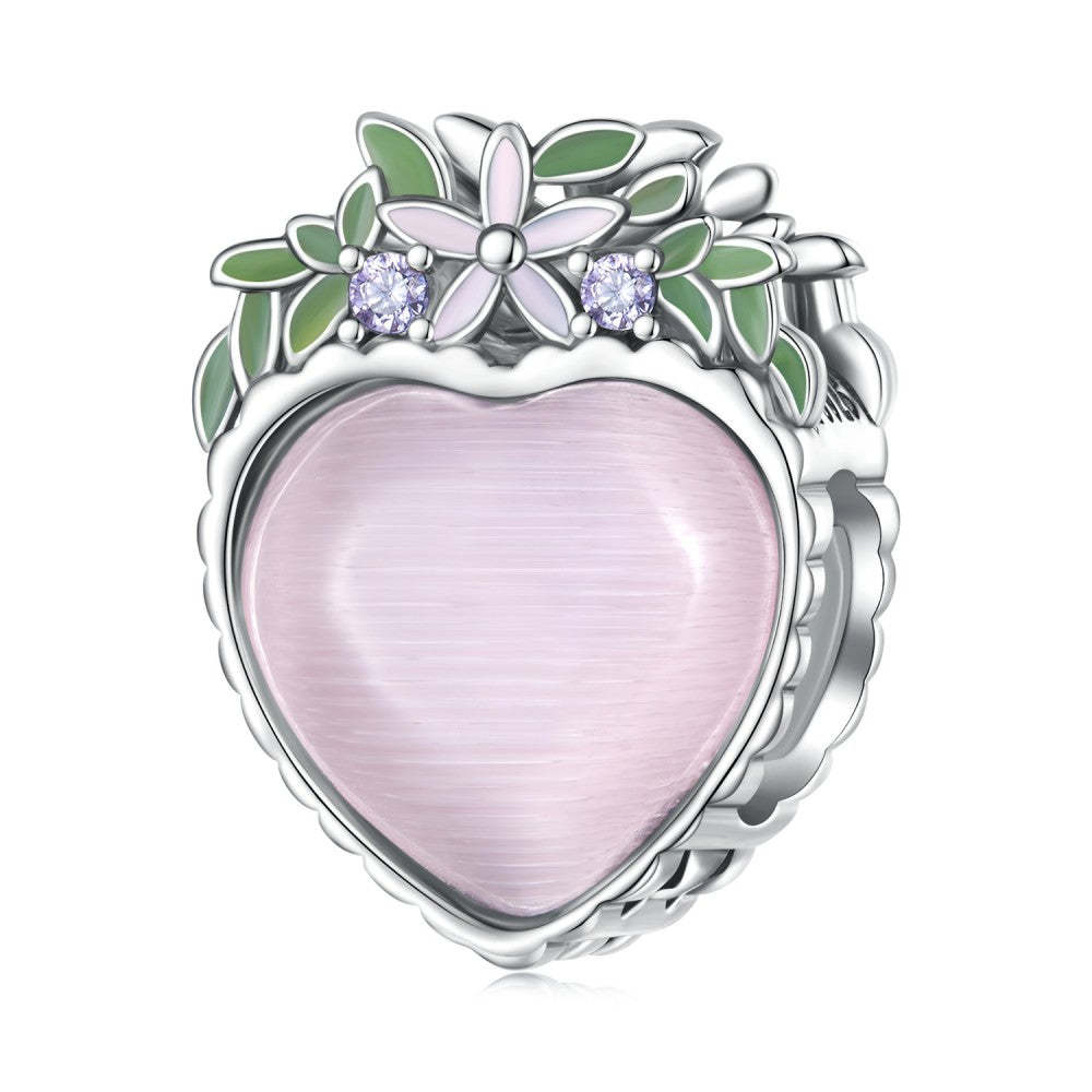 pink heart green leaf charm 925 sterling silver xs2129