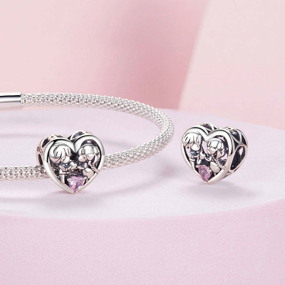 Little Boy and Girl Diamond Hearts Charm Silver Christmas Gifts - soufeeluk