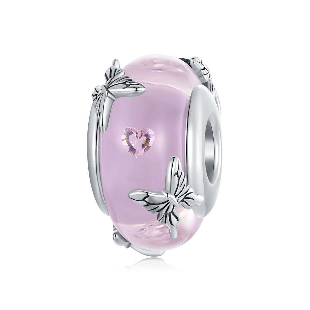 Butterfly Pink Glass Beads Stopper Charm Spacer Charm Silver Christmas Gifts - soufeeluk