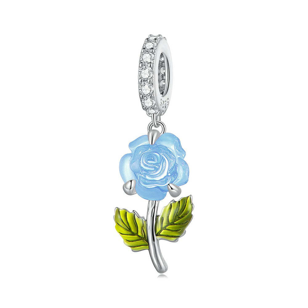 temperature discoloration crystal blue rose dangle charm 925 sterling silver yb2267