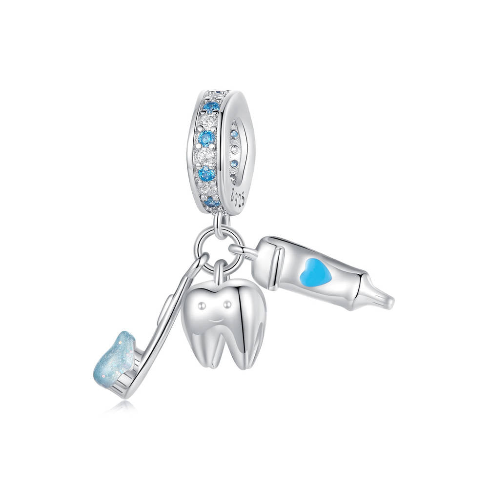 Teeth Brushing Three Piece Pendant Set Dangle Charm Silver - soufeeluk