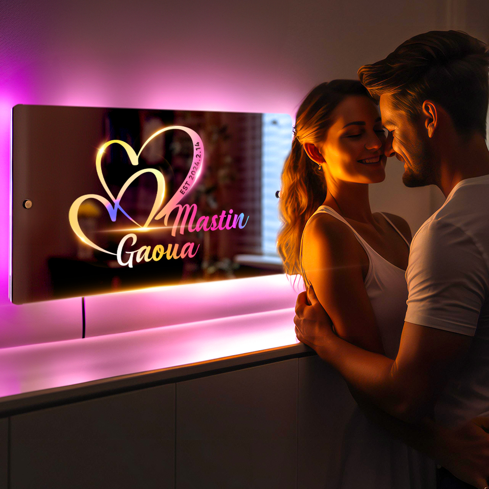 Personalised Name Mirror Sign Custom Text Led Multi Color Light Up, Heart Sign with Names and Date Anniversary Gift For Couple - soufeeluk
