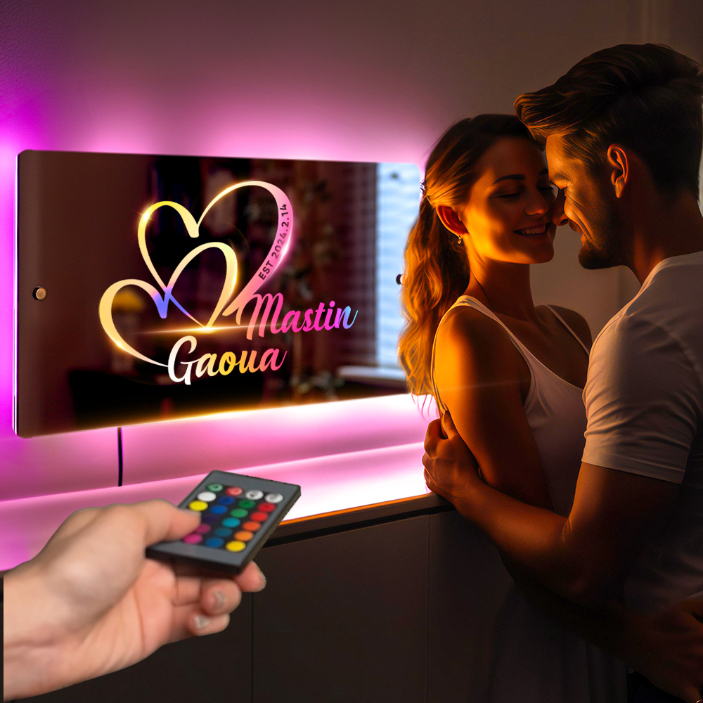 Personalised Name Mirror Sign Custom Text Led Multi Color Light Up, Heart Sign with Names and Date Anniversary Gift For Couple - soufeeluk
