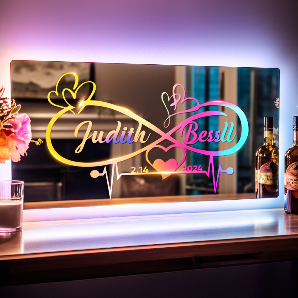Personalised Name Mirror Light Infinity Heart Couple Gift Custom Mirror Neon Signs Wall Decor, Custom Name Sign for Bedroom Valentine's Day Gift - soufeeluk