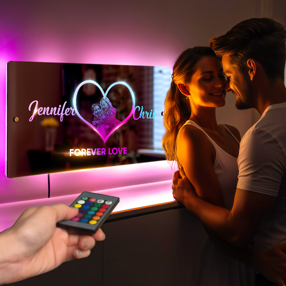 Personalised Photo Name Mirror Light Heart Custom Mirror Neon Signs Wall Decor Colorful Bedroom Lamp Gift for Couple Valentine's Day Gift - soufeeluk