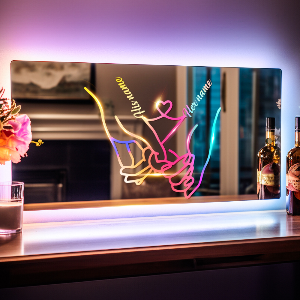 Personalised Name Mirror Light for Valentine's Day Gift, Custom Mirror Neon Signs Wall Decor Colorful Love Line, Couple Holding Hands Calligraphy - soufeeluk