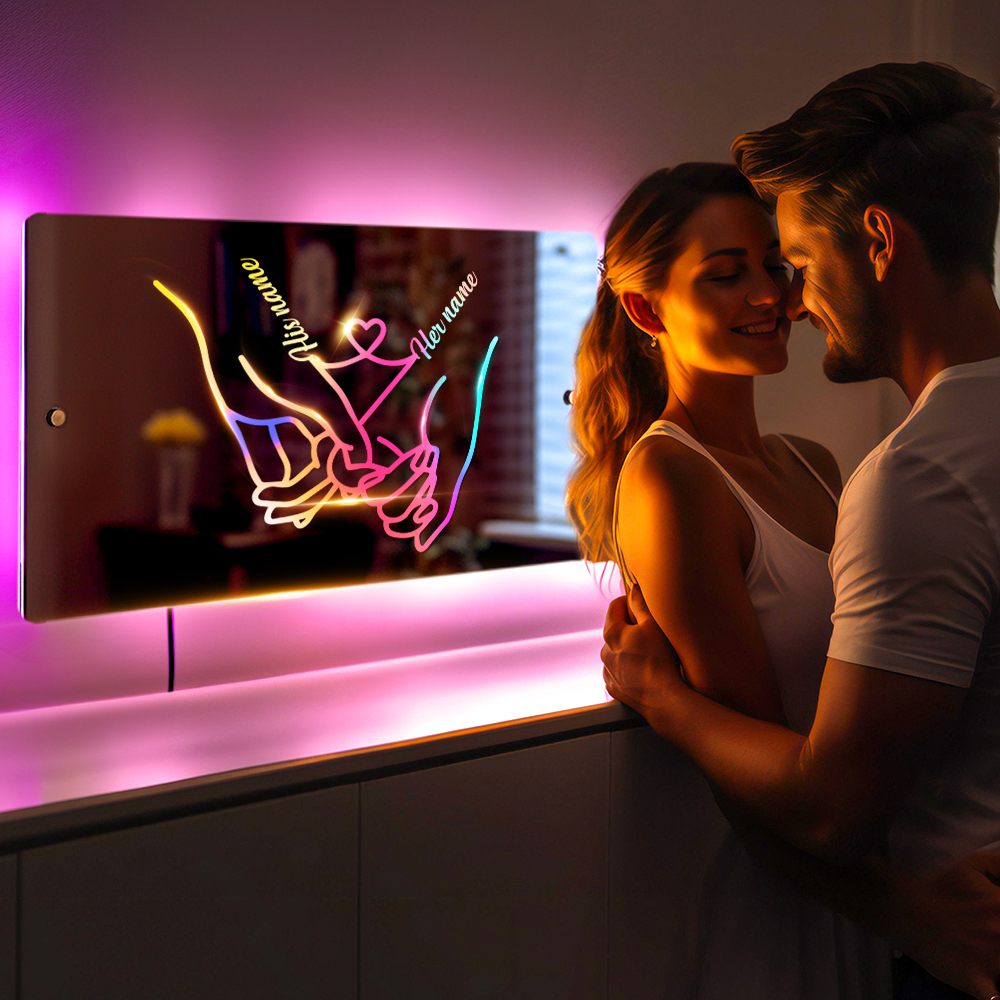 Personalised Name Mirror Light for Valentine's Day Gift, Custom Mirror Neon Signs Wall Decor Colorful Love Line, Couple Holding Hands Calligraphy - soufeeluk