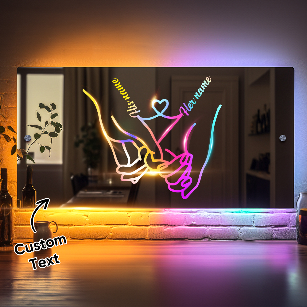 Personalised Name Mirror Light for Valentine's Day Gift, Custom Mirror Neon Signs Wall Decor Colorful Love Line, Couple Holding Hands Calligraphy - soufeeluk