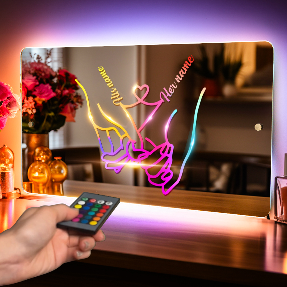 Personalised Name Mirror Light for Valentine's Day Gift, Custom Mirror Neon Signs Wall Decor Colorful Love Line, Couple Holding Hands Calligraphy - soufeeluk