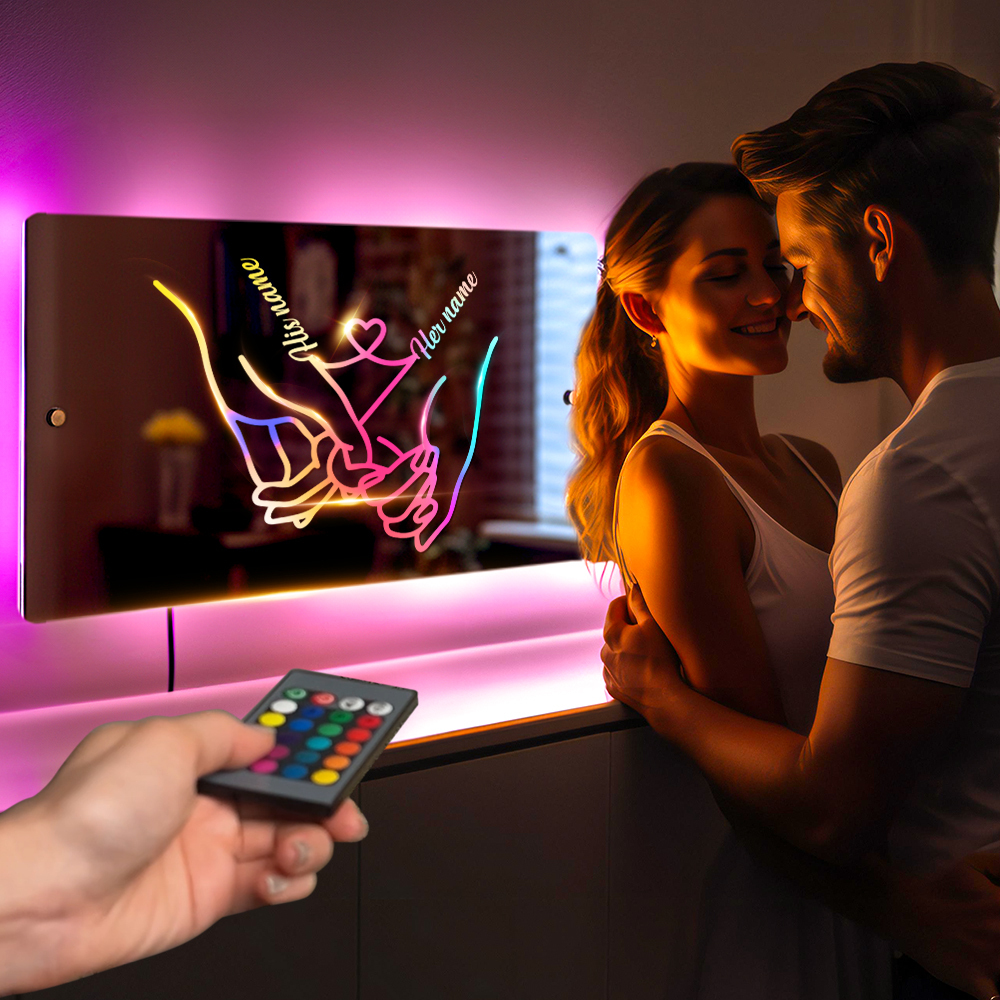 Personalised Name Mirror Light for Valentine's Day Gift, Custom Mirror Neon Signs Wall Decor Colorful Love Line, Couple Holding Hands Calligraphy - soufeeluk