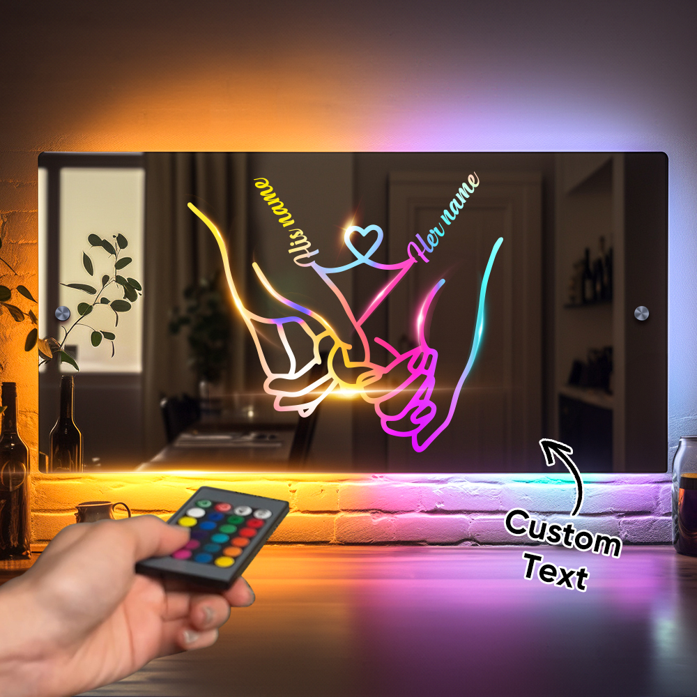 Personalised Name Mirror Light for Valentine's Day Gift, Custom Mirror Neon Signs Wall Decor Colorful Love Line, Couple Holding Hands Calligraphy - soufeeluk