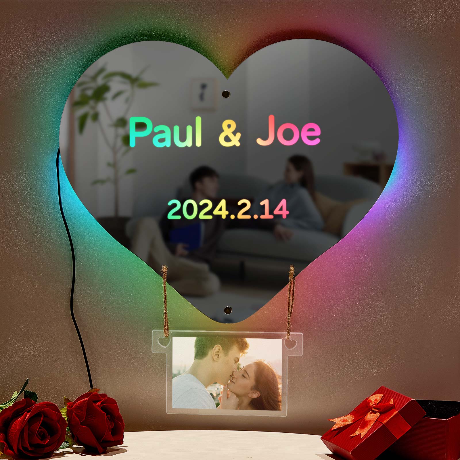 Custom Photo Engraved Mirror Light Hot Air Balloon Couple Gift - soufeeluk