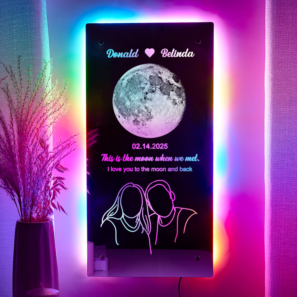 Custom Moon Phase with Silhouette Photo Mirror Light Anniversary Gift - soufeeluk