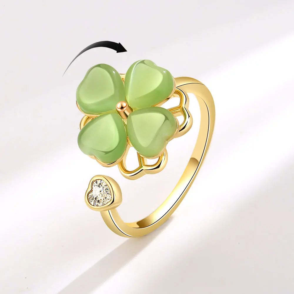 Cat's Eye Four Leaf Clover Love Anxiety Worry Fidget Spinner Ring - soufeeluk
