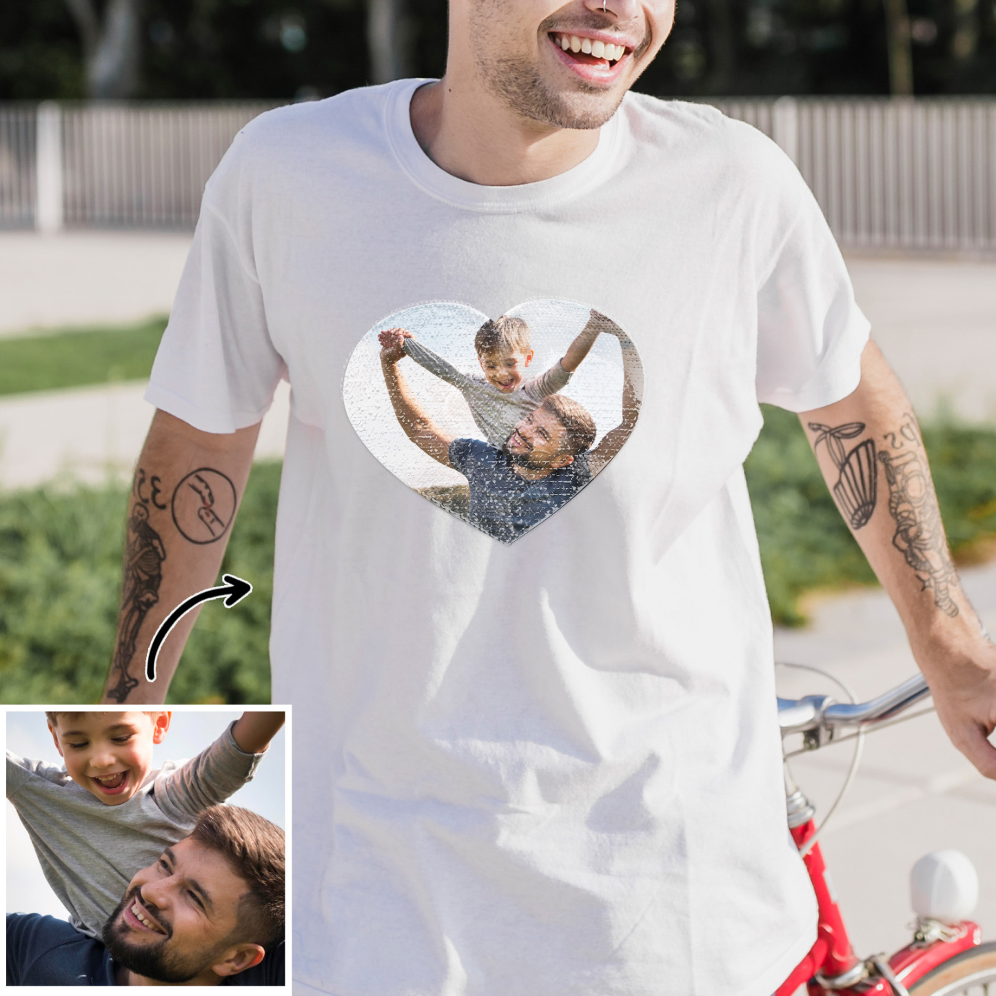 Custom Photo Heart Flip Double Sided Sequin T-shirt Personalized Picture Sequin Tee Father's Day Gifts Super Dad - soufeeluk