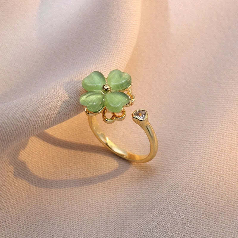 Cat's Eye Four Leaf Clover Love Anxiety Worry Fidget Spinner Ring - soufeeluk