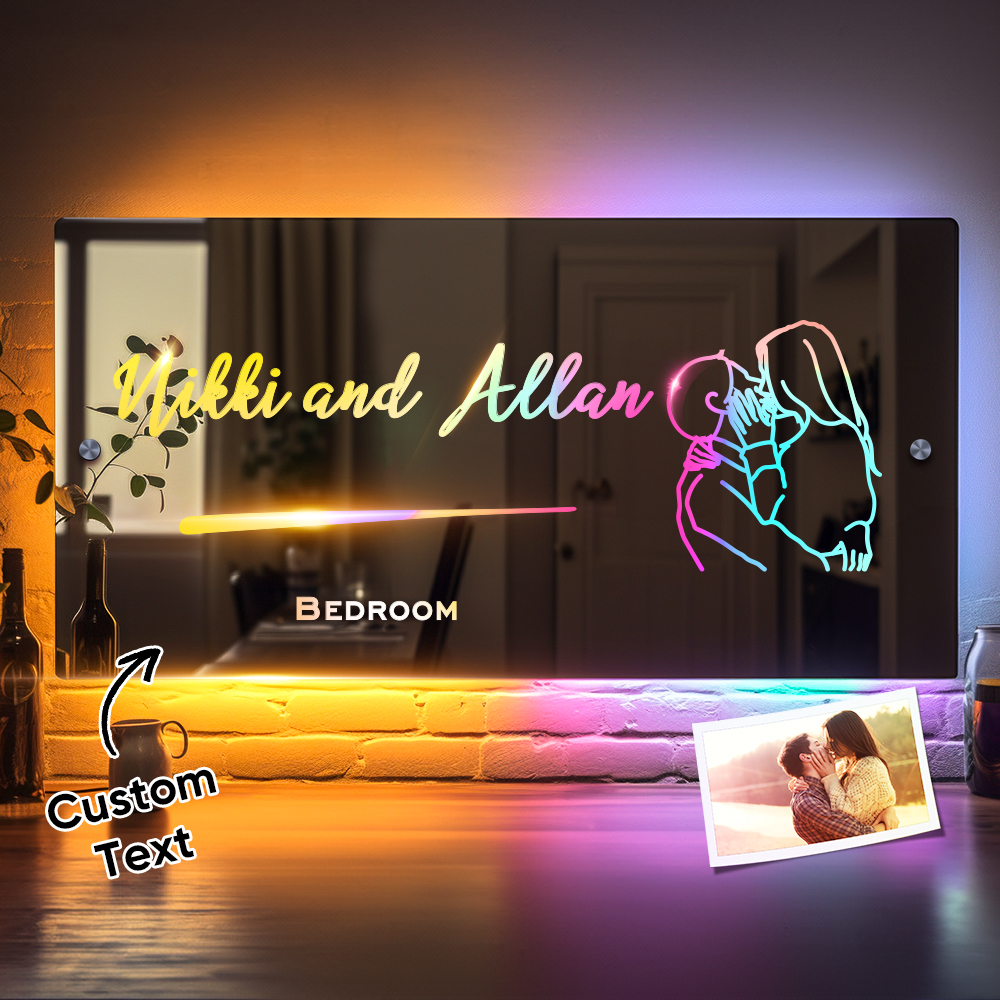 Personalised Line Photo Engraved Mirror Light Bedroom Sign Custom Mirror Neon Signs Wall Decor, Custom Name Sign for Bedroom,Christmas Valentine's Day - soufeeluk