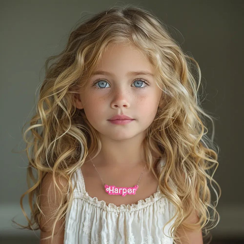 Personalised Pink and White Barbi Doll Acrylic Necklace with Name Christmas Birthday Valentine's Day Gift for Her