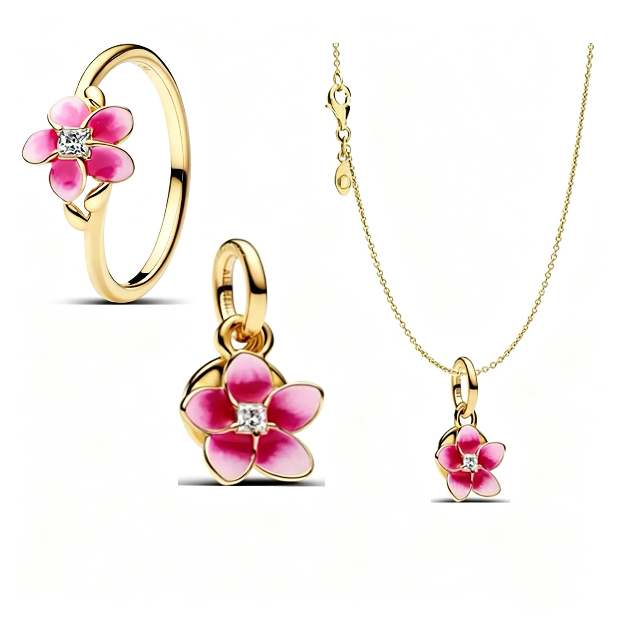 Pink Enamel Flower Pendant Necklace & Ring Jewelry Set Gold Plated Floral Charm Choker Necklace CZ Crystal Flower Statement Ring Elegant Botanical Jewelry for Women - soufeeluk