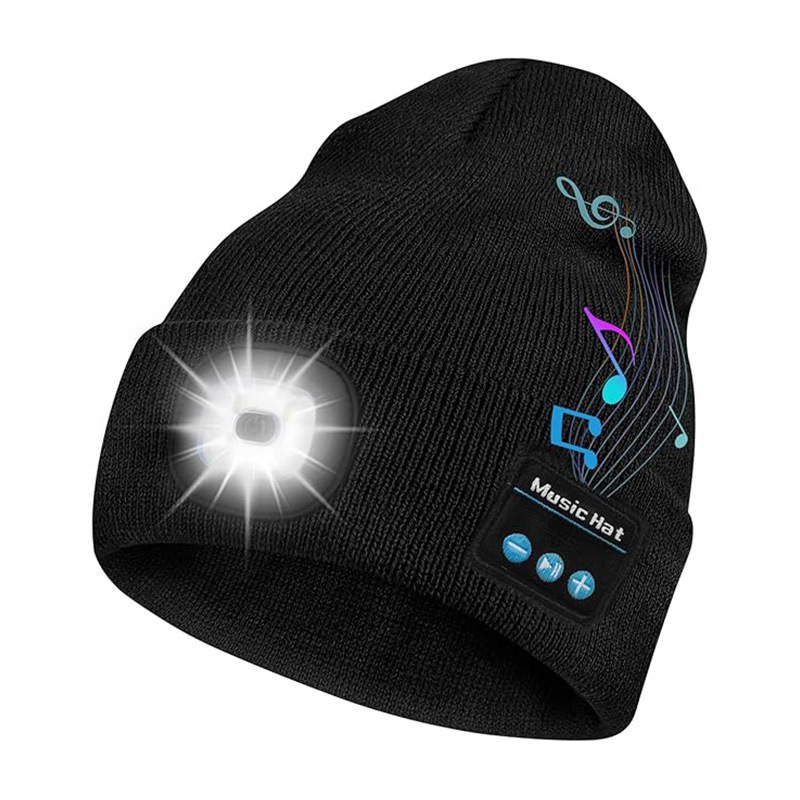 LED Rechargeable Bluetooth Light-Up Knitted Beanie Hat with Built-in Headlamp - soufeeluk