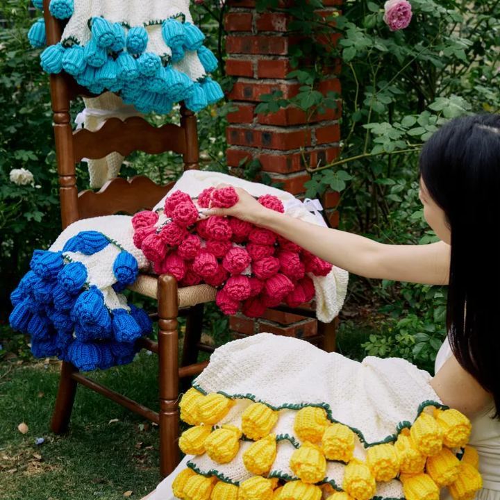Hand-Knitted Red Rose & Sunflower Blanket Ready-Made Gift for Mother's Day
