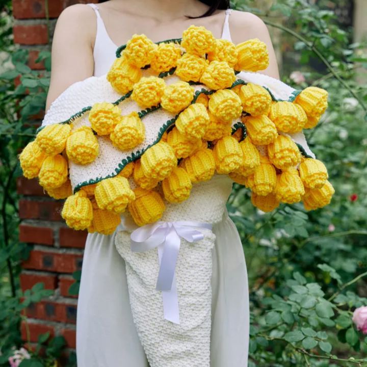 Hand-Knitted Red Rose & Sunflower Blanket Ready-Made Gift for Mother's Day