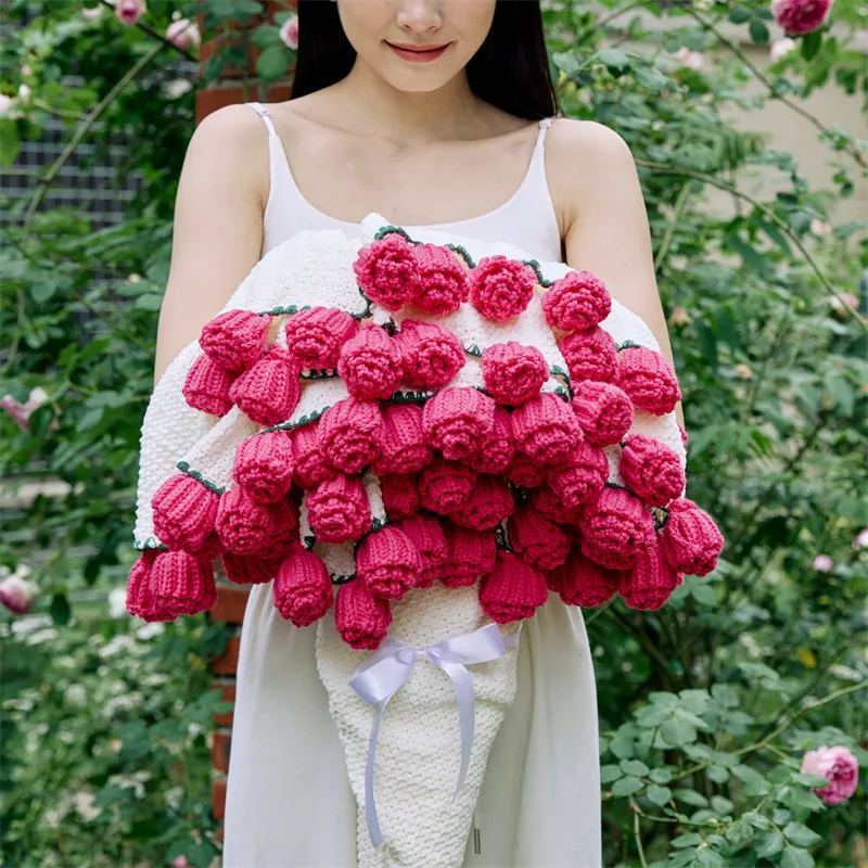 Hand-Knitted Red Rose & Sunflower Blanket Ready-Made Gift for Mother's Day