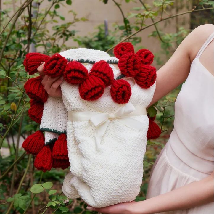 Hand-Knitted Red Rose & Sunflower Blanket Ready-Made Gift for Mother's Day