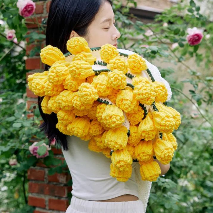 Hand-Knitted Red Rose & Sunflower Blanket Ready-Made Gift for Mother's Day