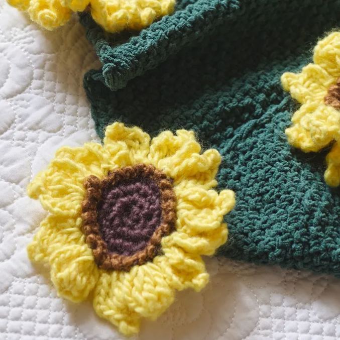 Hand-Knitted Red Rose & Sunflower Blanket Ready-Made Gift for Mother's Day