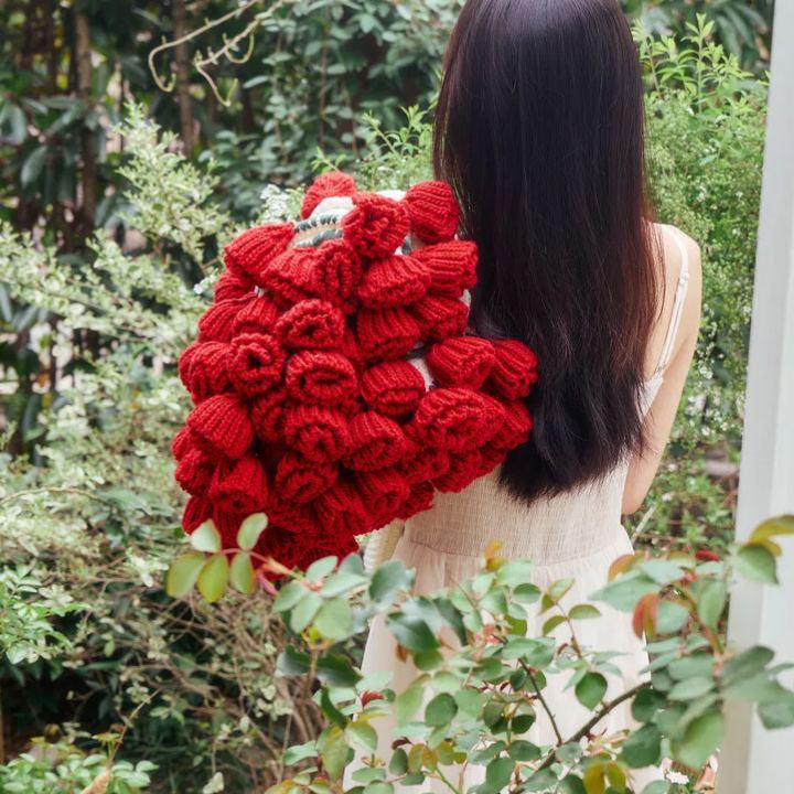Hand-Knitted Red Rose & Sunflower Blanket Ready-Made Gift for Mother's Day