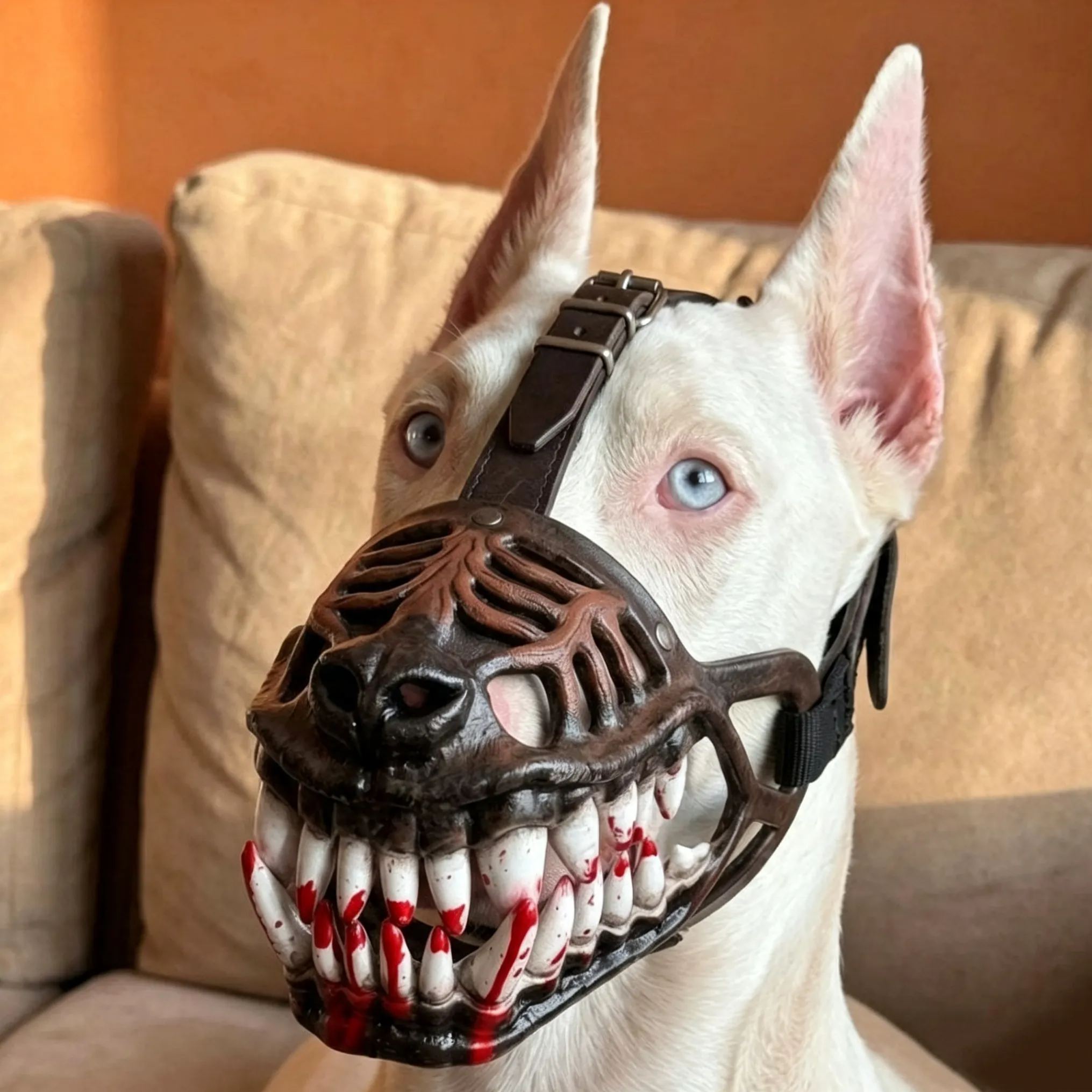 Hellhound Monster Dog Muzzle with Bloody Teeth Scary Werewolf Dog Muzzle for Halloween Costume Adjustable Anti-Bite Basket Muzzle for Large Dogs