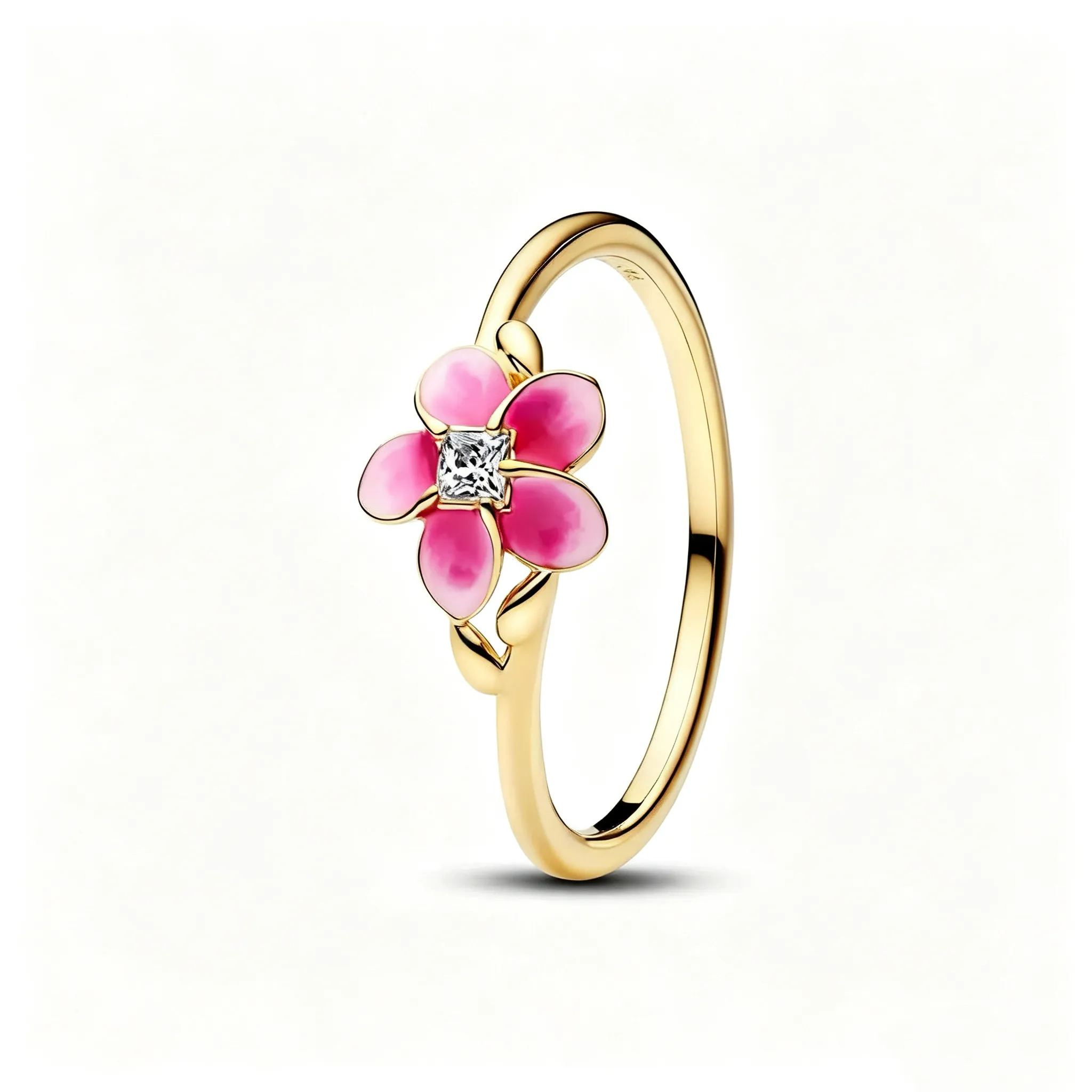 Pink Enamel Flower Pendant Necklace & Ring Jewelry Set Gold Plated Floral Charm Choker Necklace CZ Crystal Flower Statement Ring Elegant Botanical Jewelry for Women - soufeeluk