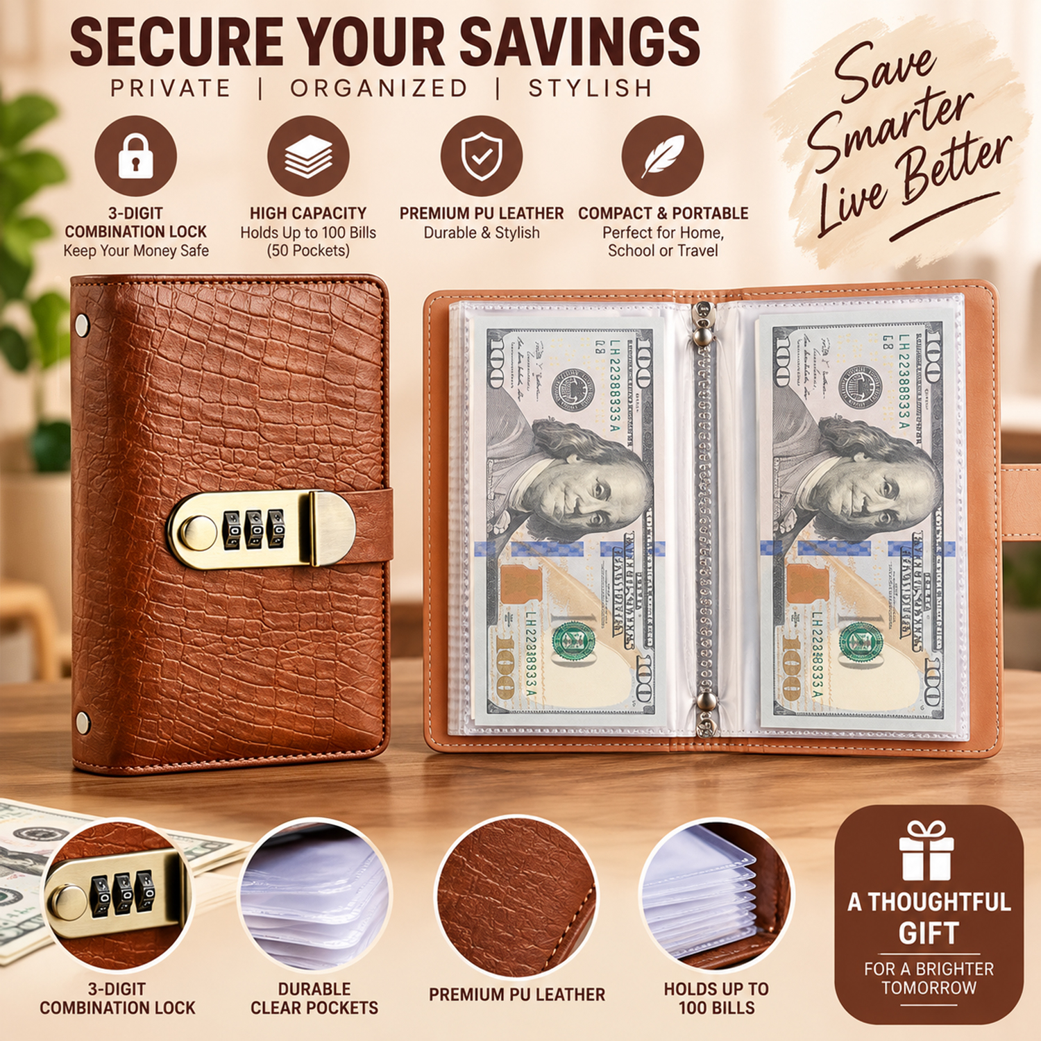 Cash Savings Binder with Combination Lock – Portable Money Saving Book & Budget Organizer - soufeeluk