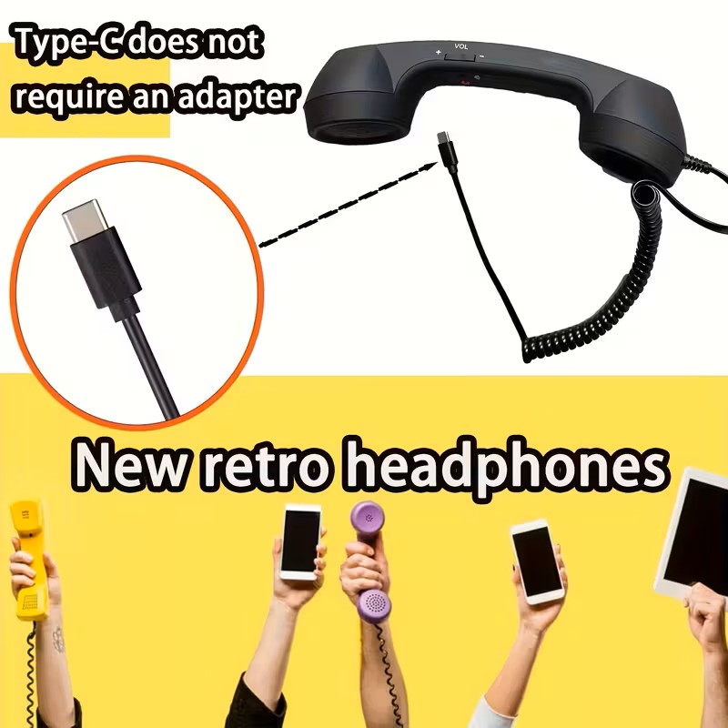 Retro Phone Handset Vintage Wired Telephone Receiver for Smartphones, Type-C Plug & Play Call Accessory - soufeeluk