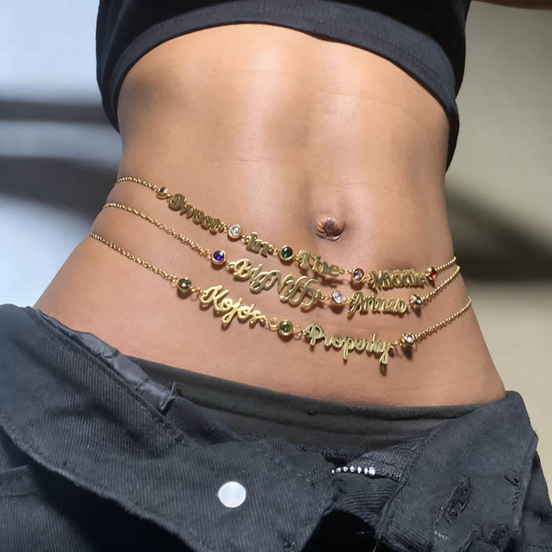 Personalized Stainless Steel Name Belly Chain, Custom Text Birthstone Fashion Waist Chain, Body Jewelry, Sexy Valentine's Gift for Her - soufeeluk
