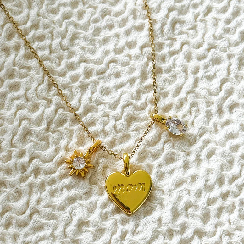 MOM Heart Dainty Gold Necklace Copper Gold Plated Zircon Necklace Mother's Day Gifts - soufeeluk
