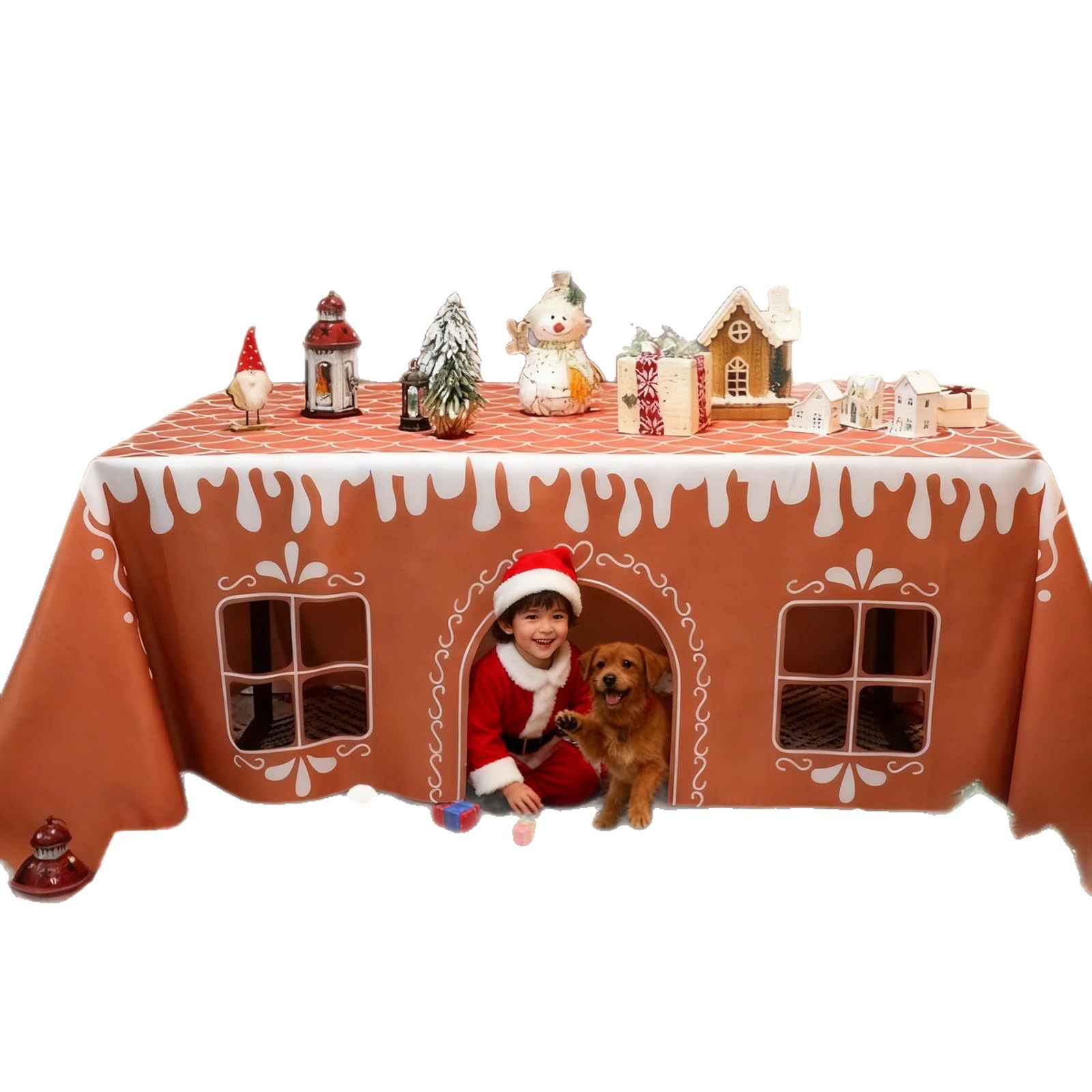 Gingerbread House Christmas Tablecloth Interactive Holiday Table Cover with Play Door for Kids and Pets Festive Home Decor - soufeeluk