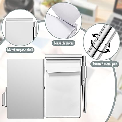 Metal Pocket Notebook with Pen and Refillable Paper Aluminum Flip Mini Notepad Holder Small Journal with Pen Holder for Office Gifts - soufeeluk