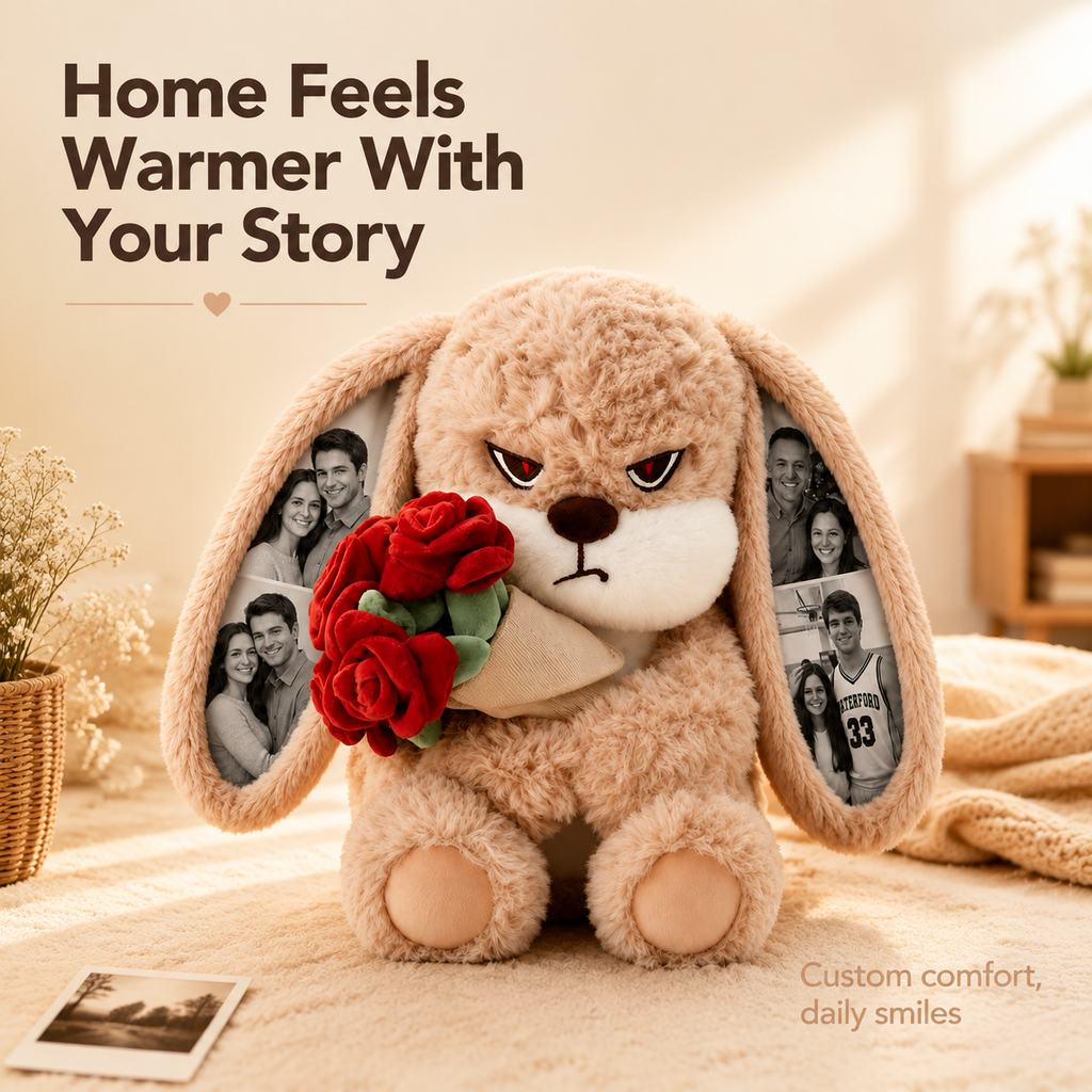Personalized Grumpy Bunny Plush Toy with Custom Photo Ears, Cute Stuffed Rabbit Holding Roses, Gift for Her, Him, Couples & Loved Ones - soufeeluk