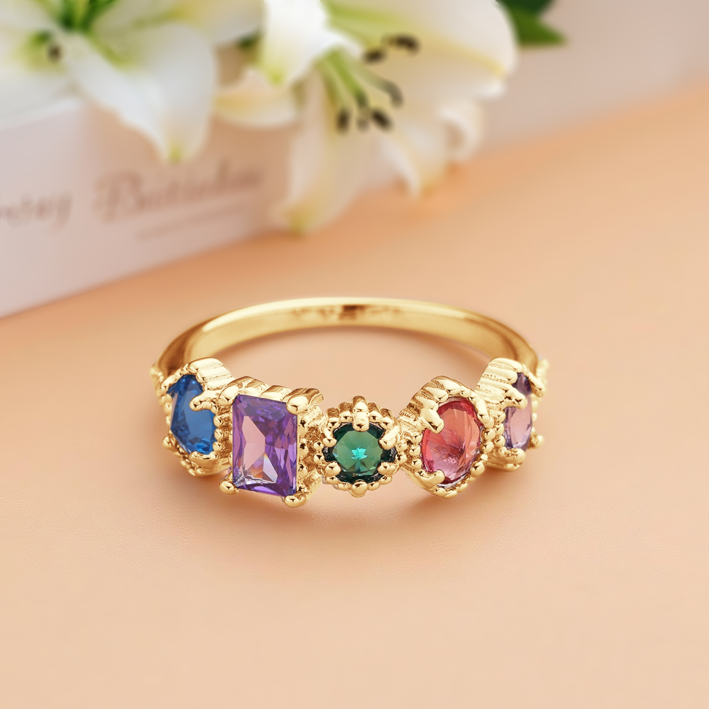 Personalisierter Geburtssteinring Mit Mehreren Vintage-milgrain-ringen Für Mama Und Oma - soufeelde