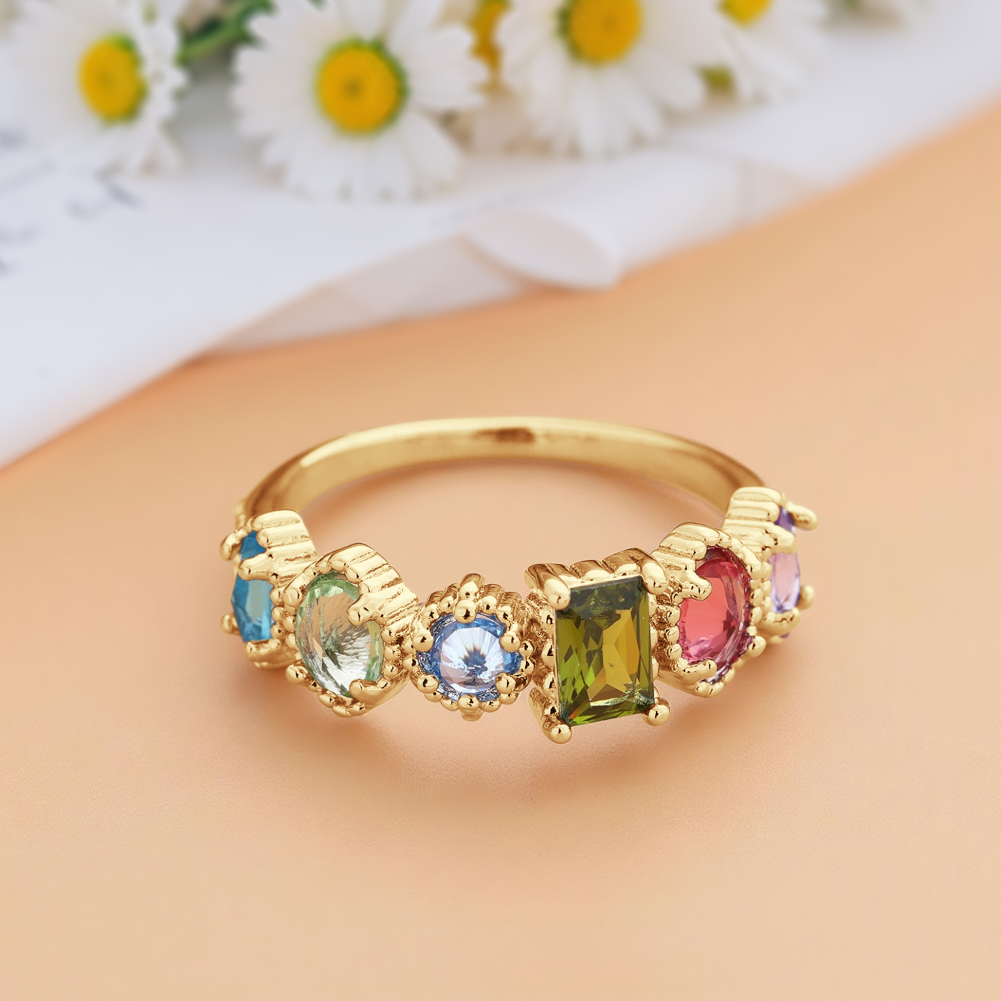 Personalisierter Geburtssteinring Mit Mehreren Vintage-milgrain-ringen Für Mama Und Oma - soufeelde