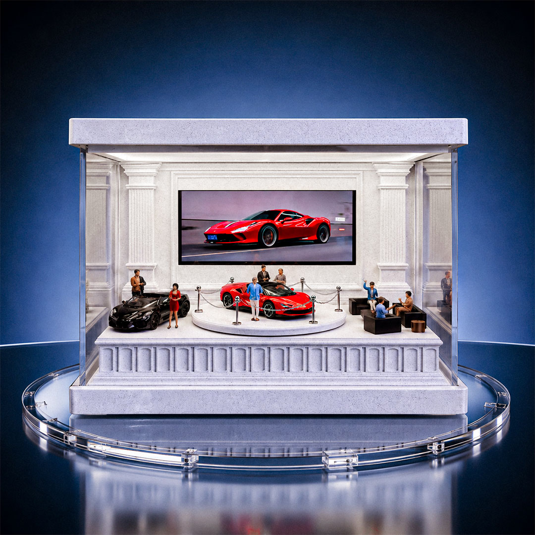 Vitrine Für Miniaturautos Im Maßstab 1:64 Mit Motorisiertem Drehteller, Beleuchtetem Miniaturauto-Showroom, Smartphone-Einschub Für Videohintergrund, Spielzeugauto-Ausstellung - soufeelde