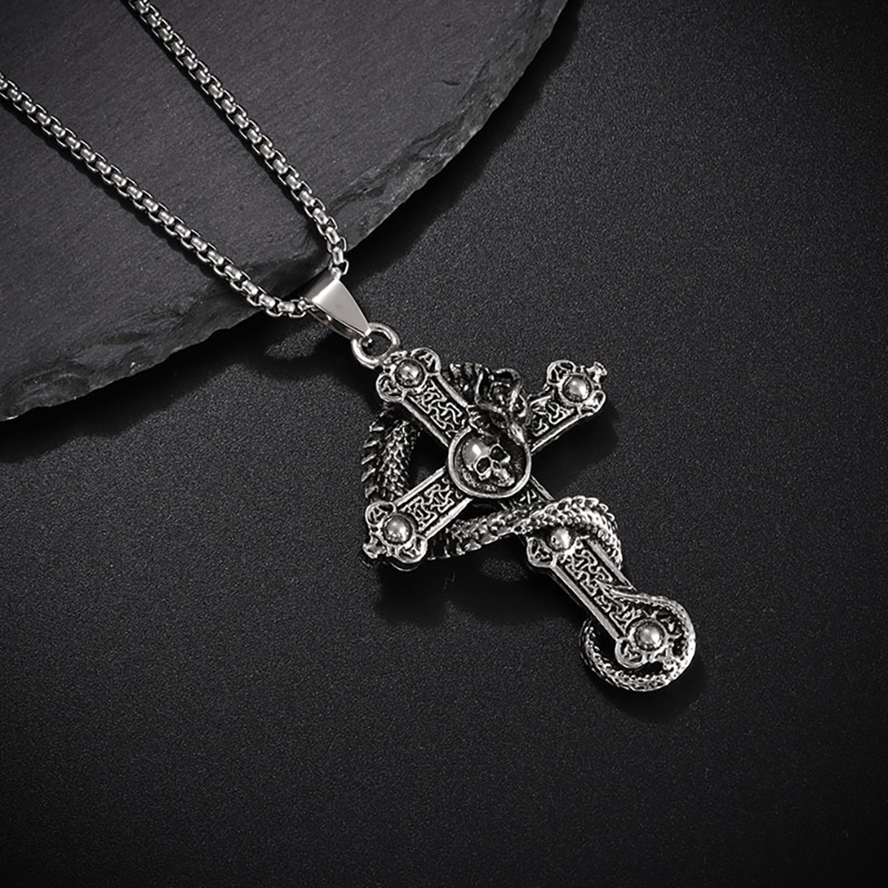 Herren Halskette Punk Halskette Totenkopf Pandragon Kreuz Anhänger Halskette Geschenk Für Freund - soufeede
