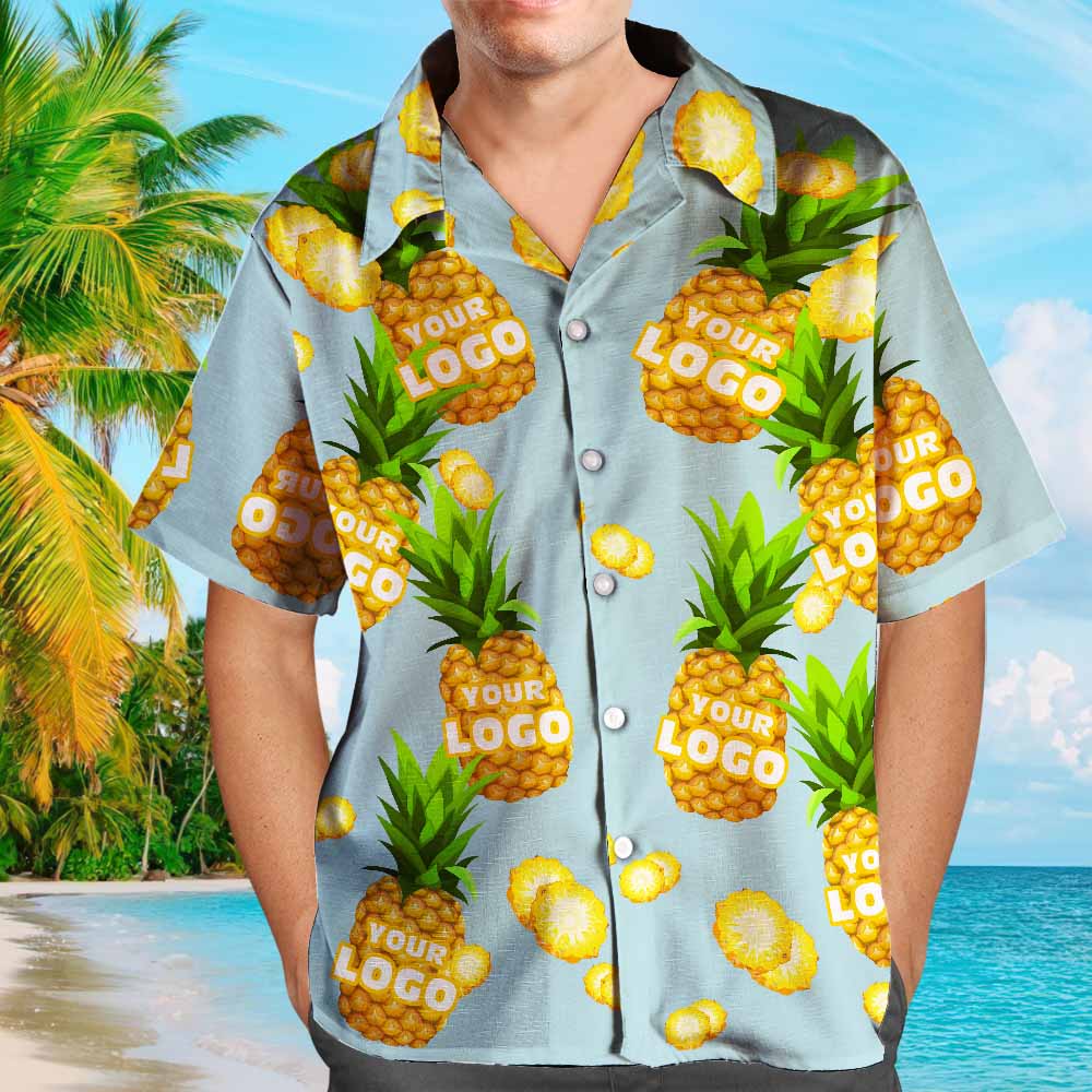 Benutzerdefinierte Logo Hawaiian Shirts Blau Lustige Ananas Personalisierte Aloha Strand Hemd Für Männer