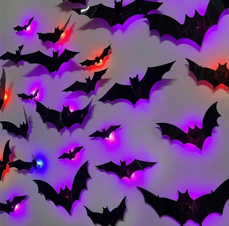 3d-fledermaus-lichtdesign, Led-dekorationen, 12-teiliges Set, Gruselige Ornamente Für Zuhause, Party, Festival, Halloween, Einfach Zu Installierende Wandaufkleber, Glatte Anwendung – Dekorativ - soufeelde