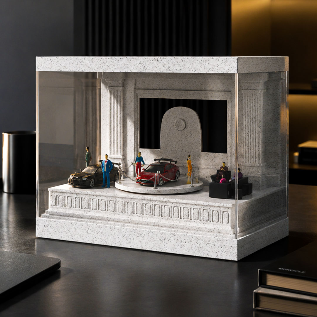 Vitrine Für Miniaturautos Im Maßstab 1:64 Mit Motorisiertem Drehteller, Beleuchtetem Miniaturauto-Showroom, Smartphone-Einschub Für Videohintergrund, Spielzeugauto-Ausstellung - soufeelde